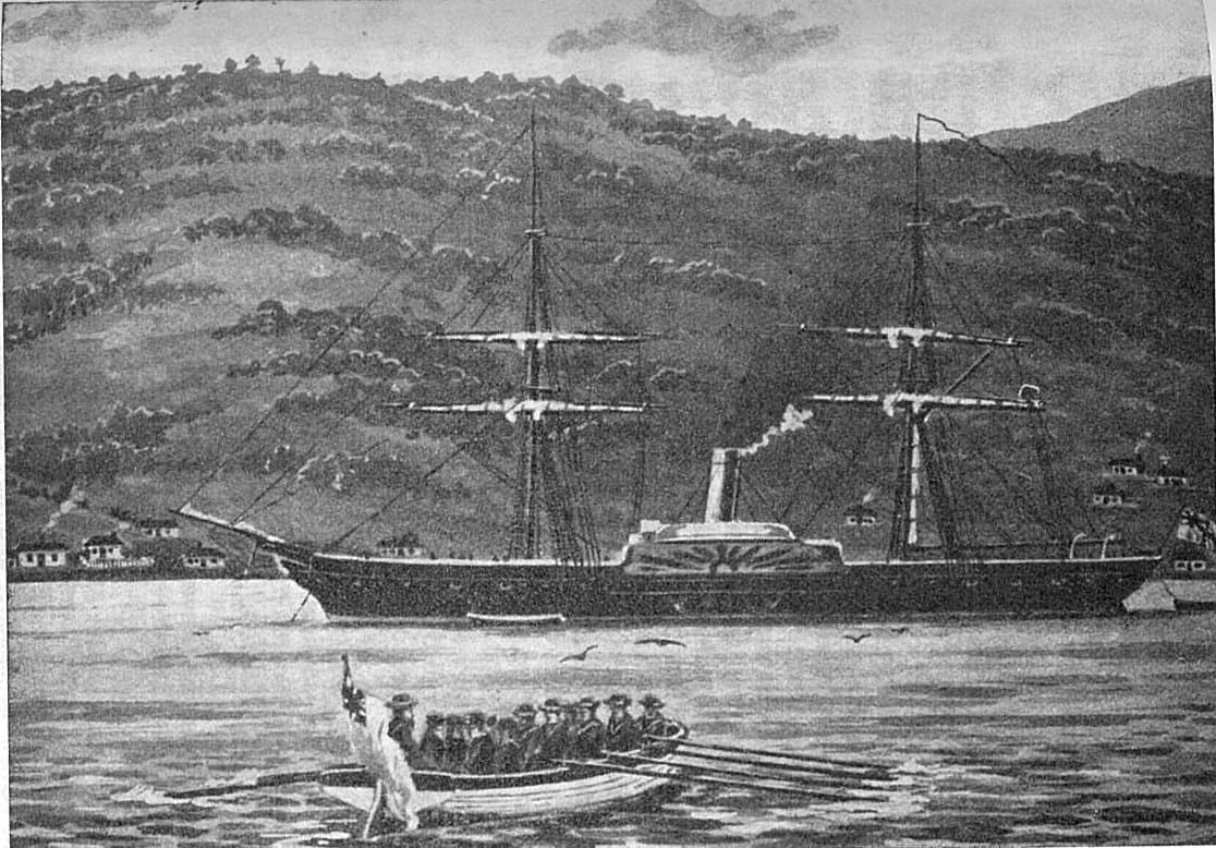 Black and white painting of ship in harbour with one steam funnel, and two masks.  In the foreground a longboat with approximately 12 men are rowing towards the ship.