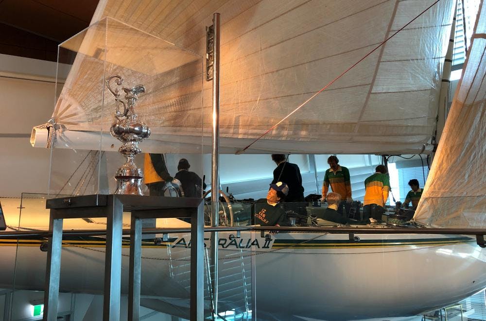 The Australia II on display in the gallery, the America's Cup replica in the foreground.