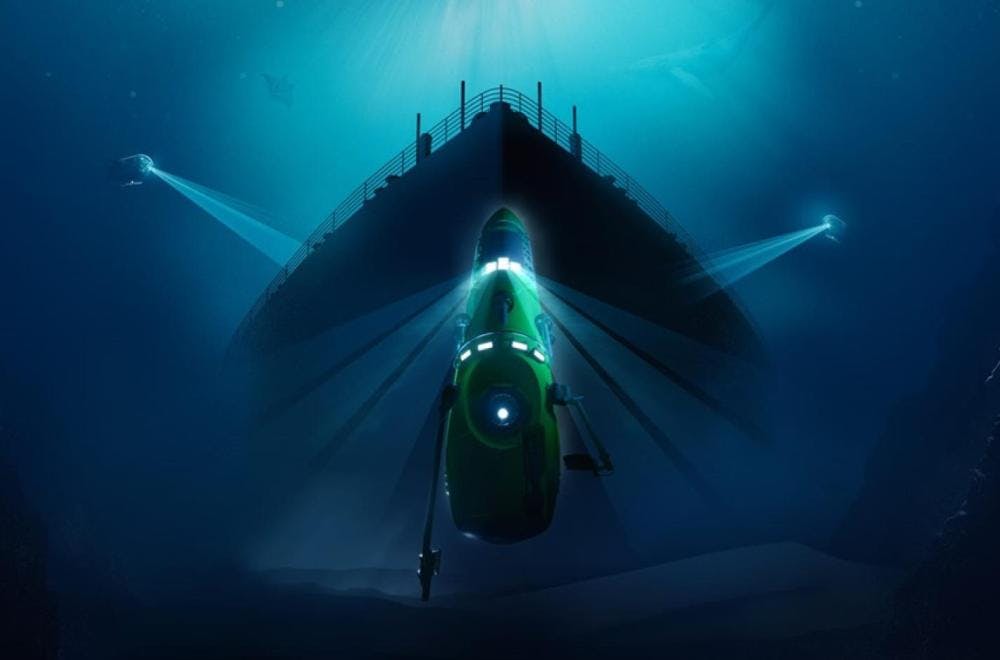 Submersible in front of the Titanic underwater