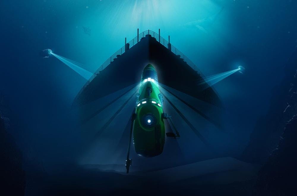 A cinematically-lit image of a small deep sea explorer vehicle in front of the silhouette of the hull of the titanic in a deep blue and black ocean setting