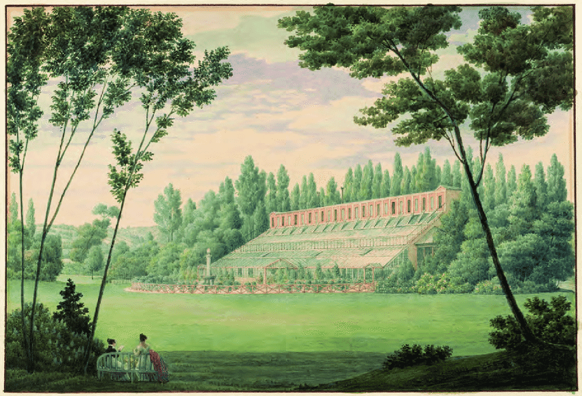 In a beautiful green parkland sits a large glass hothouse. It is multi-stories high, and is surrounded by shrubs and tall trees on three sides.