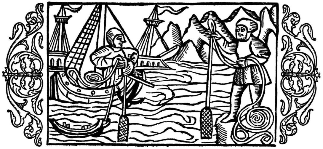 Black ink drawing with two men, one in a boat and the other on the shore dropping a piece of lead suspended on rope into the water.