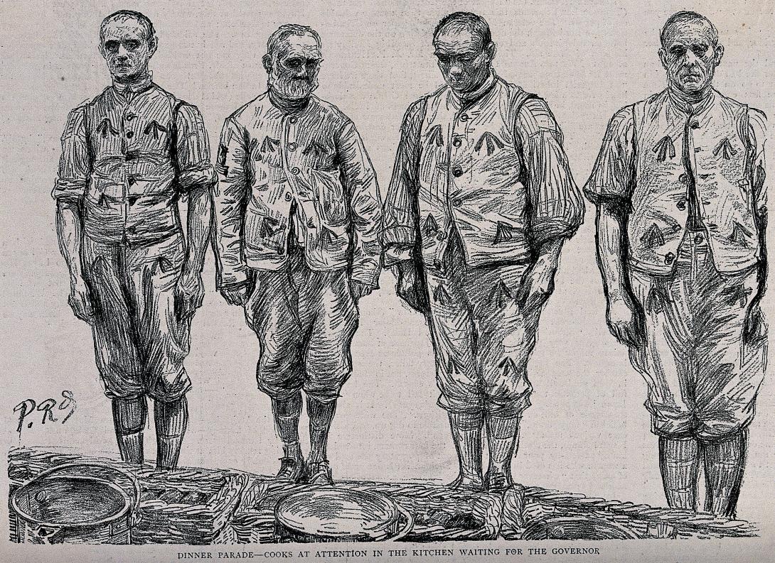 Black and white drawing of four unhappy men standing side by side. 