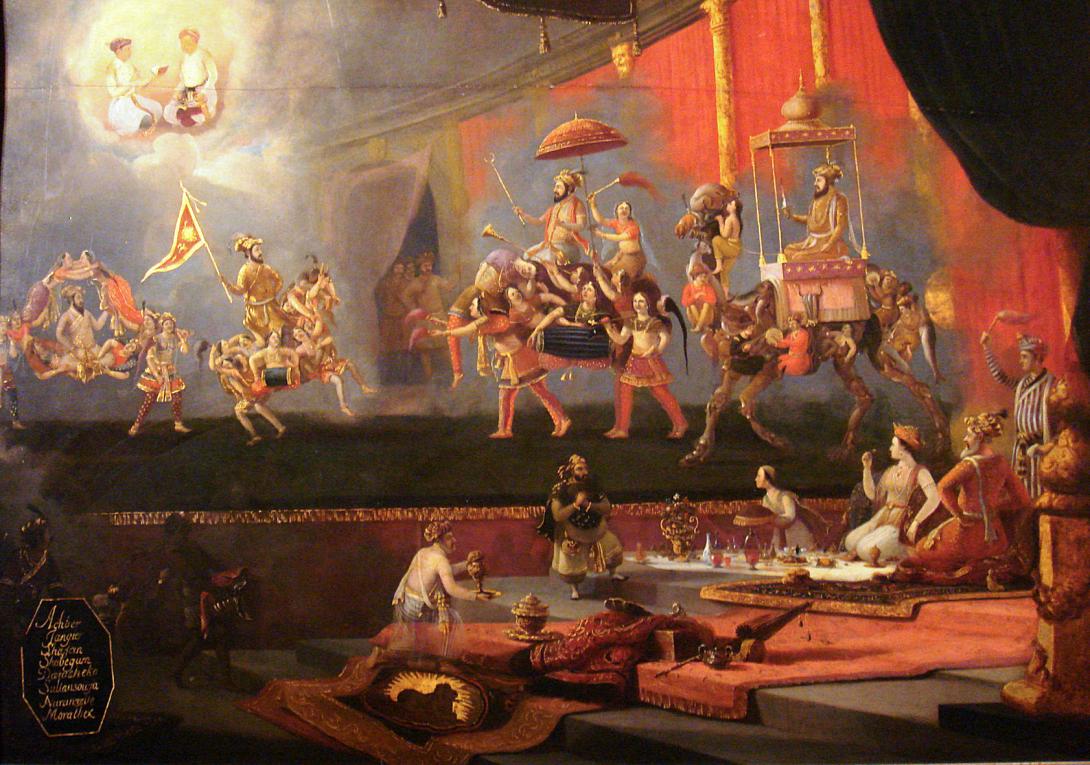 Image of painting set in the 17th Centurty, with  people feasting in the foreground, and in the background a mythical looking image of men mounted on horses and other creatures holding flags heading towards each other, and others standing alongside