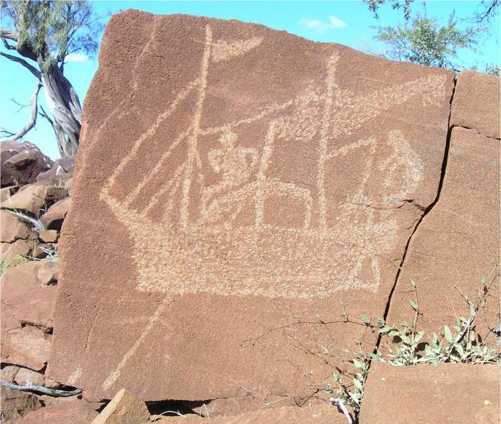 Drawing of ship on red rock in the outback.