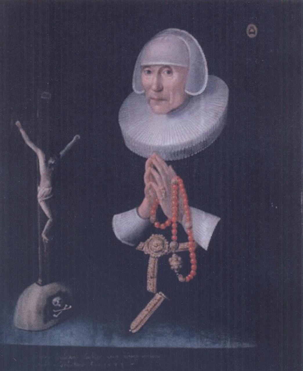Painting of stern looking older woman with big frilly white collar  standing in front of a crucifix with Jesus hung on the cross, and skull and cross bones at his feet, with her hands set in a prayer pose and rosary beads hanging from them.