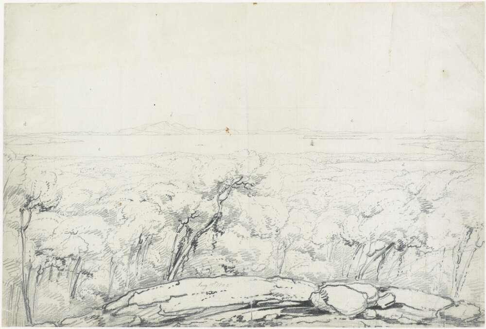 Black and white drawing of flat landscape with rocks and short trees in the foreground and water and harbour in the background.