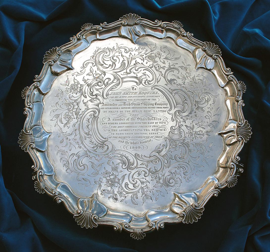 Platter presented to John Smith in 1849 for his work with the Anstruther and Leith Steam Shipping Company, with mention of Xantho. 