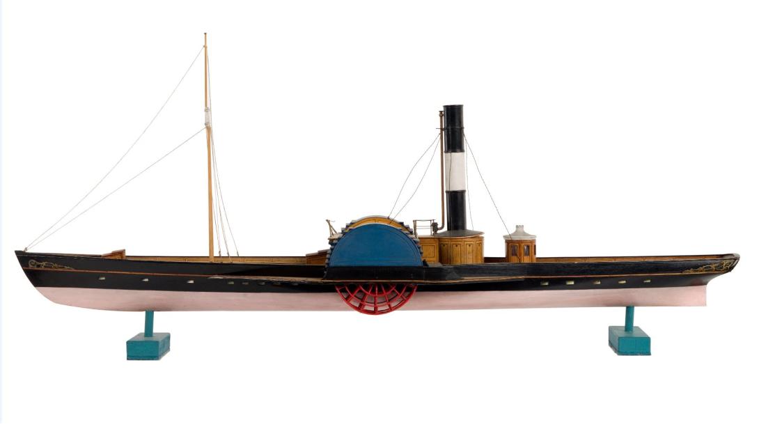 Model of Loch Lomond, a paddle steamer built by Denny Shipbuilding Company in 1845. Prior to the alterations by Robert Stewart, PS Xantho would have looked similar to Loch Lomond. 